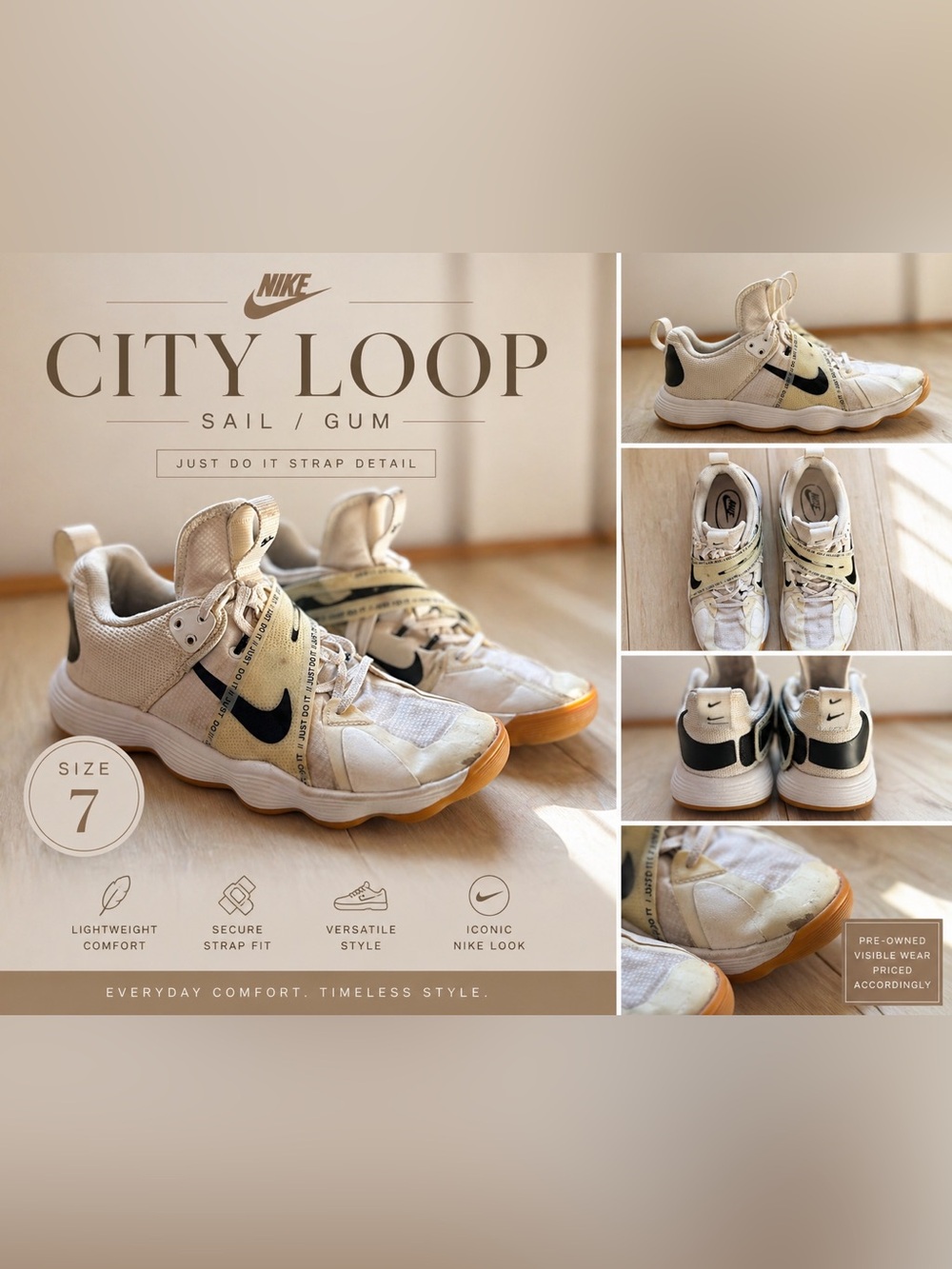 Nike City Loop Sail Cream Sneakers Gum Sole Just Do It Strap Trainer Womens